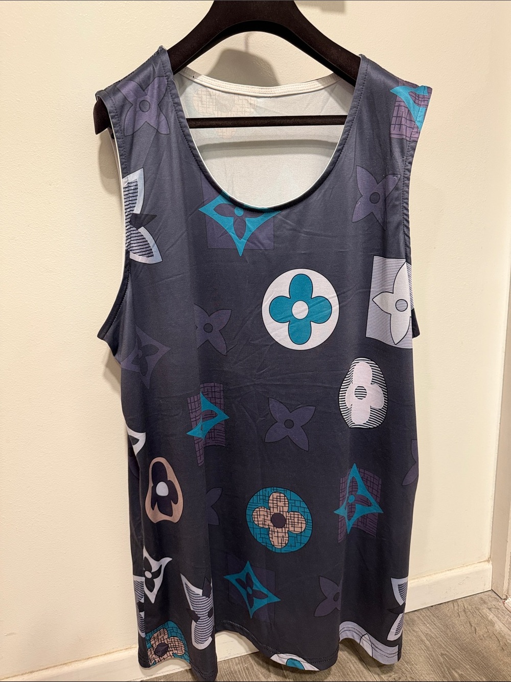 Men's Dark Gray Monogram Graphic Tank Top with Teal Accents